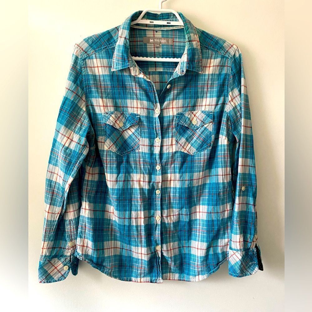 Windriver outfitting blue plaid button up shirt blouse - Picture 1 of 3